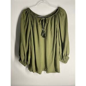 Diane Von Furstenburg Sandia Top Olive Green Blouse 3/4 Sleeve Tie Neck XS NEW